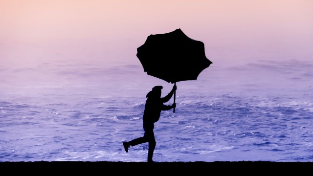 Silhouette of a person holding an umbrella on a beach