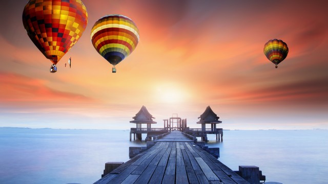 Wooden pier Hot air balloons