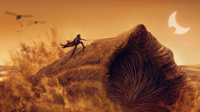 Timothée Chalamet riding Sandworm in Dune 2