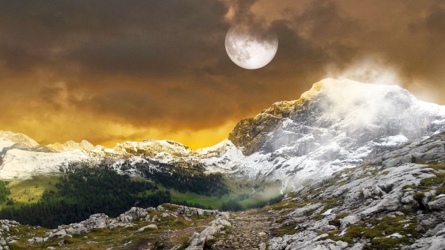 Mountains Landscape Full moon
